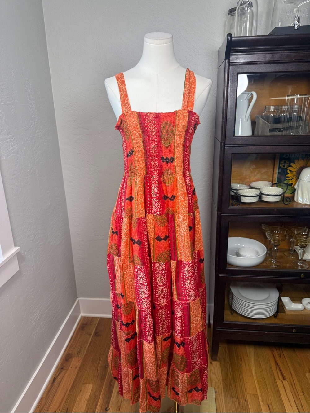 Vintage Jane Ashley Patchwork Maxi Dress Boho Smocked 100% Cotton Size M